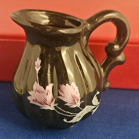 Vintage Mini Black Porcelain Purple Pink Flowers Pitcher Vase Vanity - Picture 1 of 5